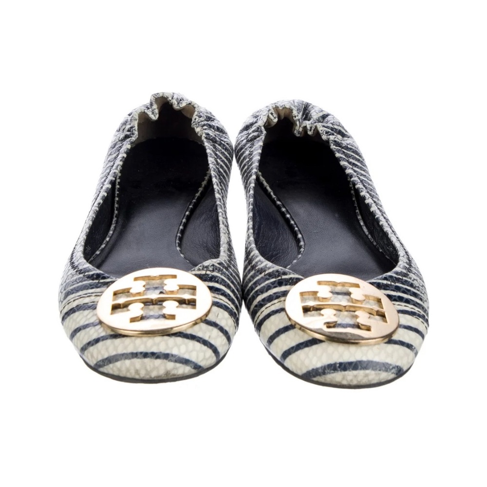 Tory Burch Striped Flats with Gold Logo